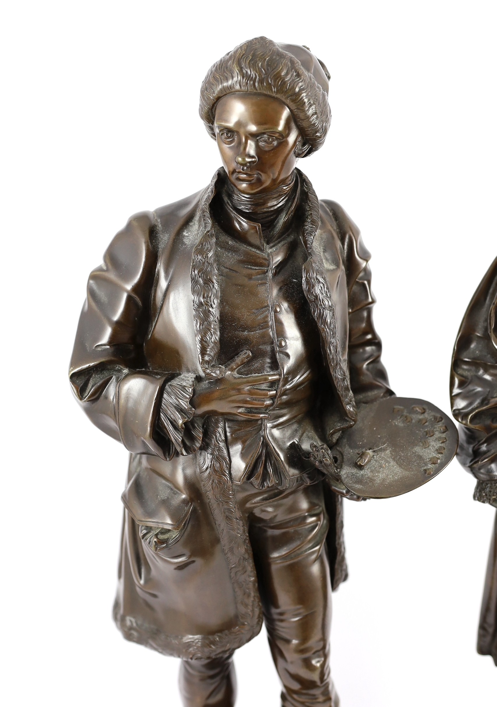 , Jean Jules Salmson (1823-1902). A pair of bronze figures of Sir Joshua Reynolds and William Hogarth, 57cm high